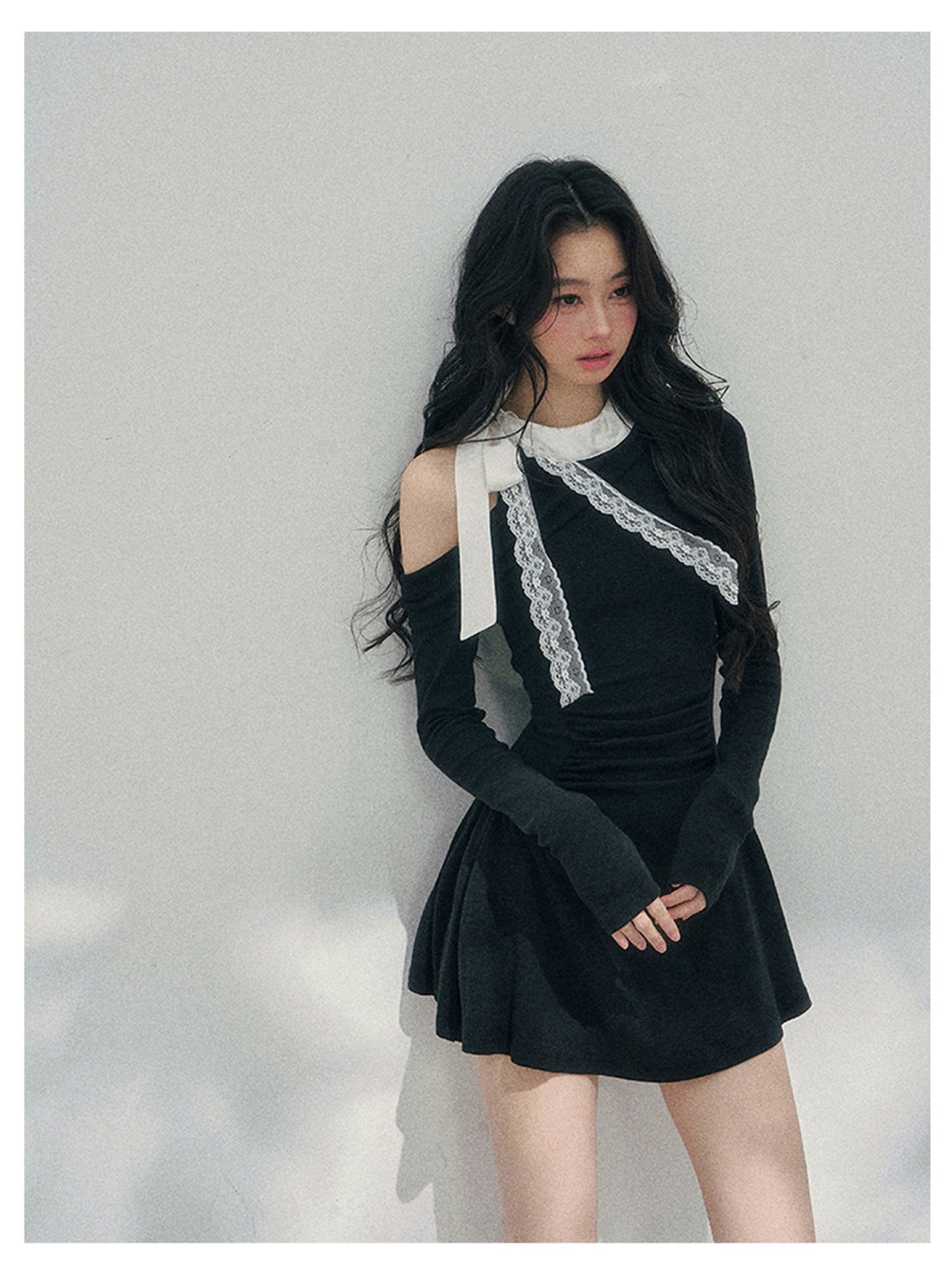 少也眼 “Lingering Warmth Entwined” Layered French Lace One-Shoulder Mini Dress - Serene Black 5435553