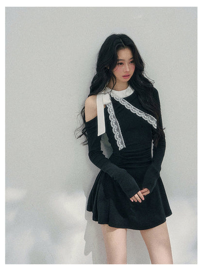 少也眼 “Lingering Warmth Entwined” Layered French Lace One-Shoulder Mini Dress - Serene Black 5435553