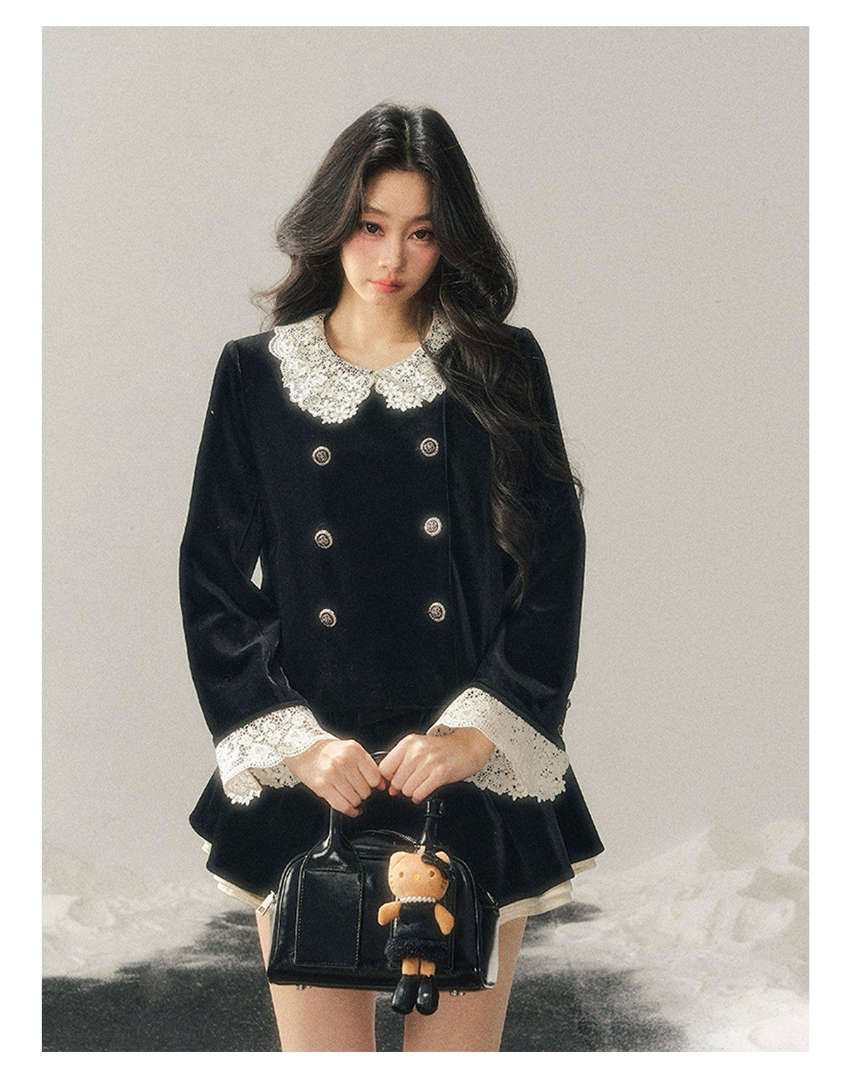 040126 "She Fades into Dusk" Velvet Lace Collar Two-Piece Set