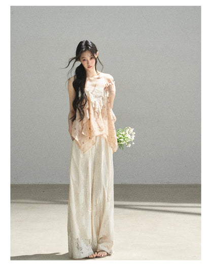 "Orange-Scented Dusk" Toasted Rice Beige Asymmetrical Lace Cami