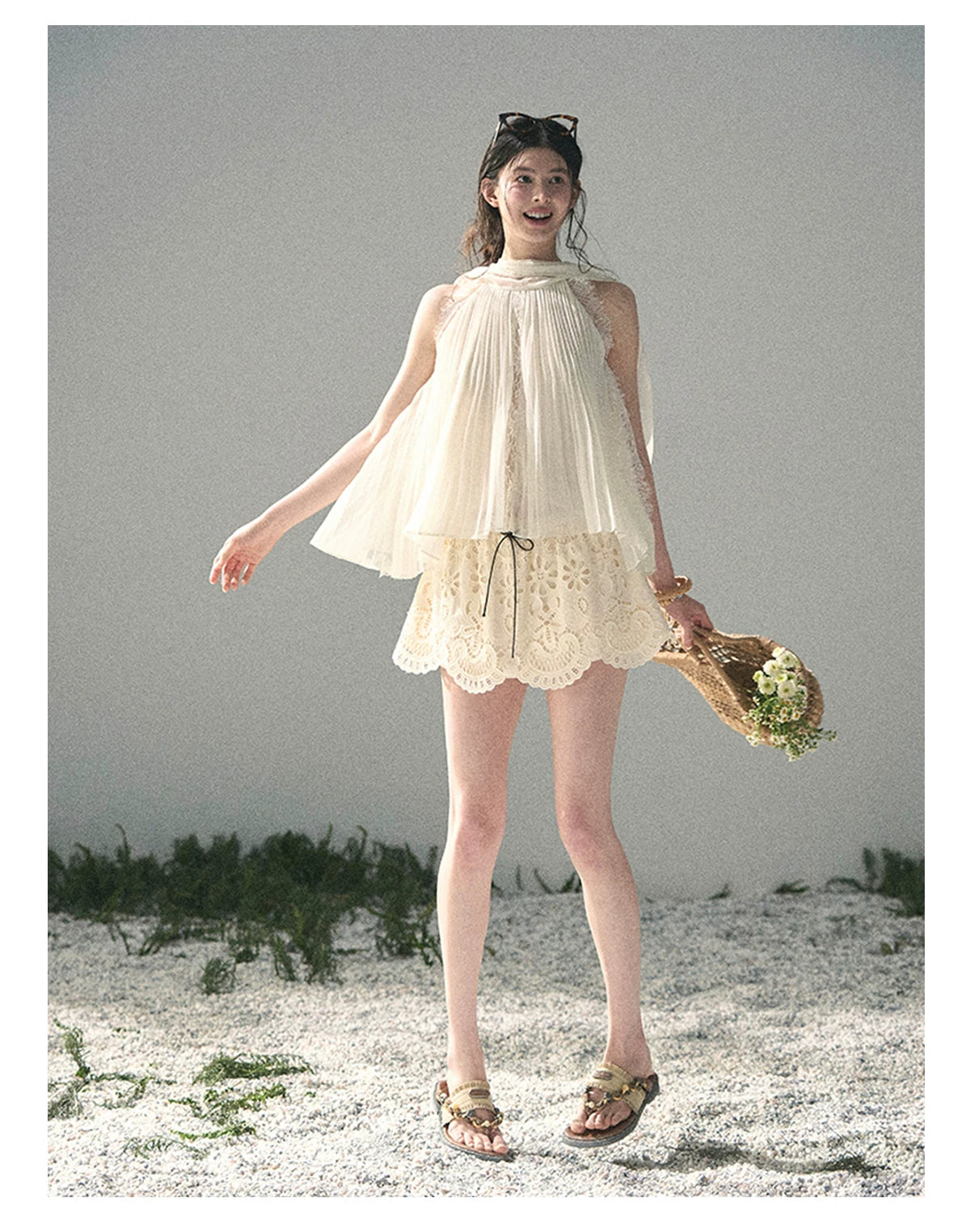 “Summer Light Through Pleats” Ivory Lace Pleated Halter Blouse