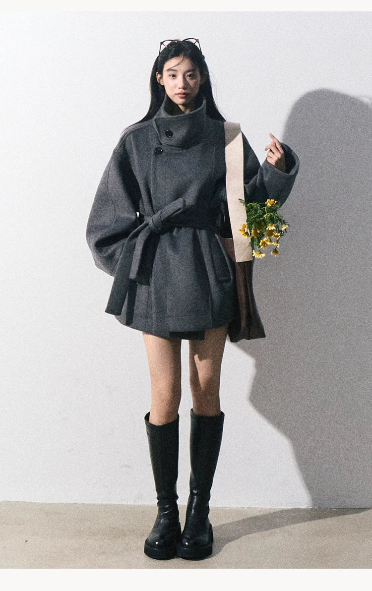 OAKMOO/ "The Breath of Time" Classic Gray Wool-Blend Belted Short Coat