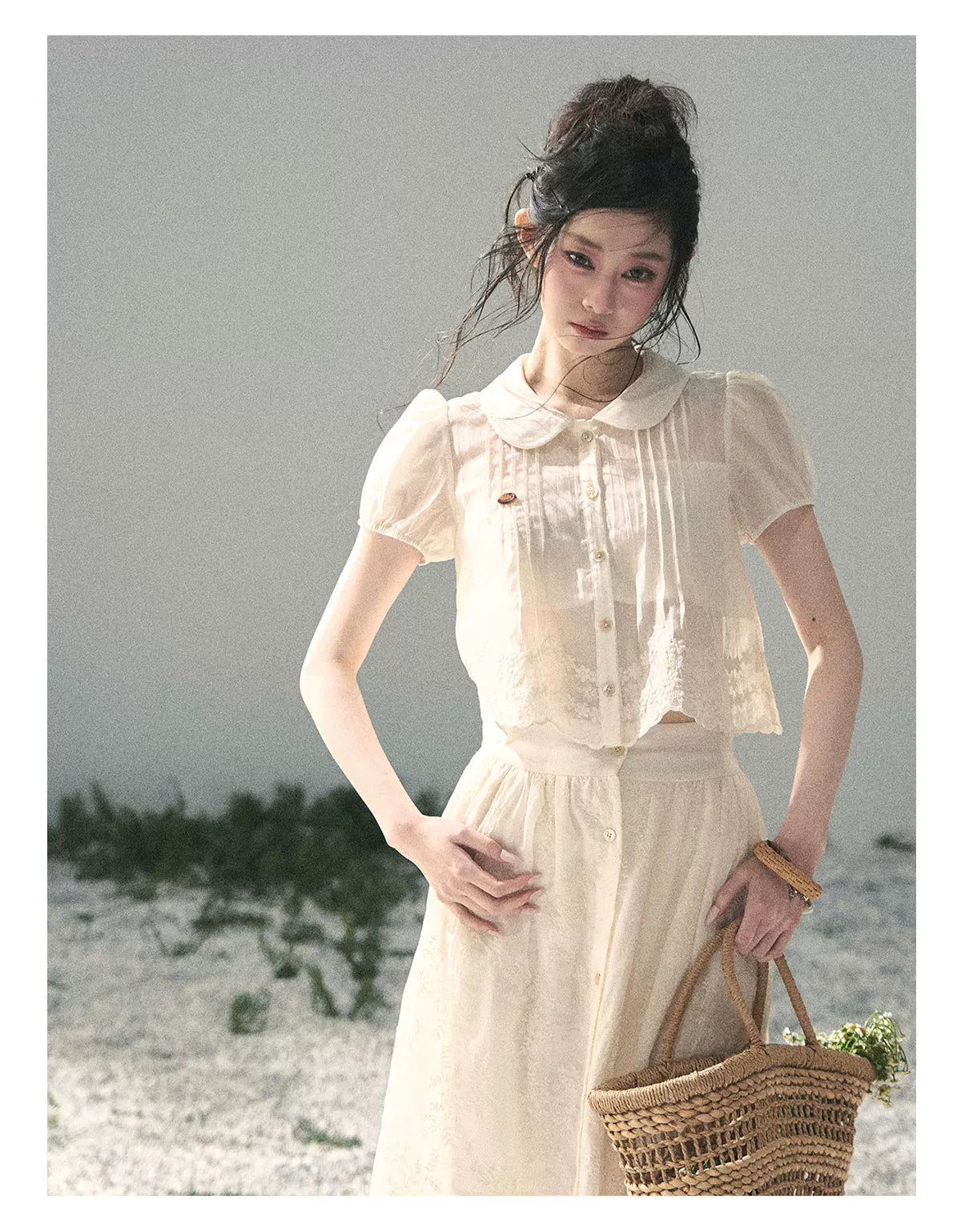 "Apricot Blossom After Rain" Dutch Cheese Lace Blouse & Maxi Skirt Set 532453