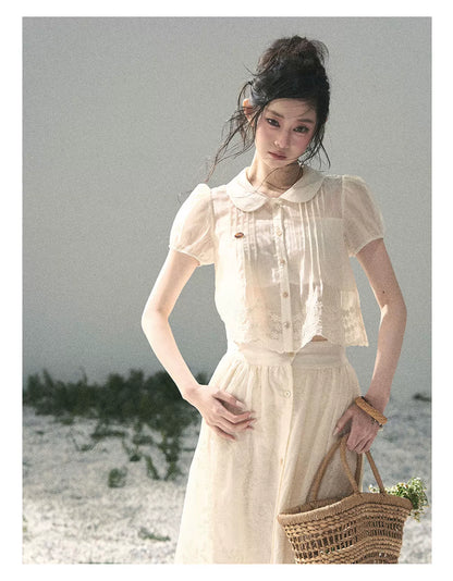 "Apricot Blossom After Rain" Dutch Cheese Lace Blouse & Maxi Skirt Set 532453