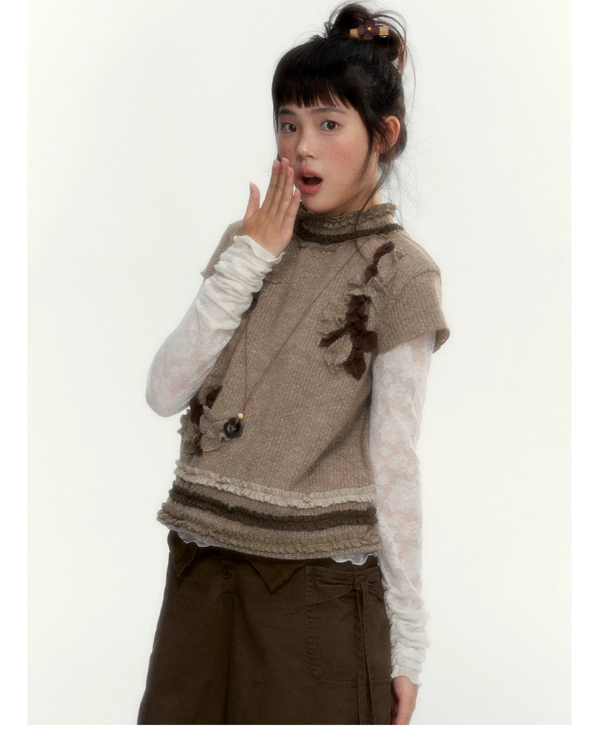 “Wild Caramel” Brown Washed Layered Ruffle Bow Pocket A-Line Skirt