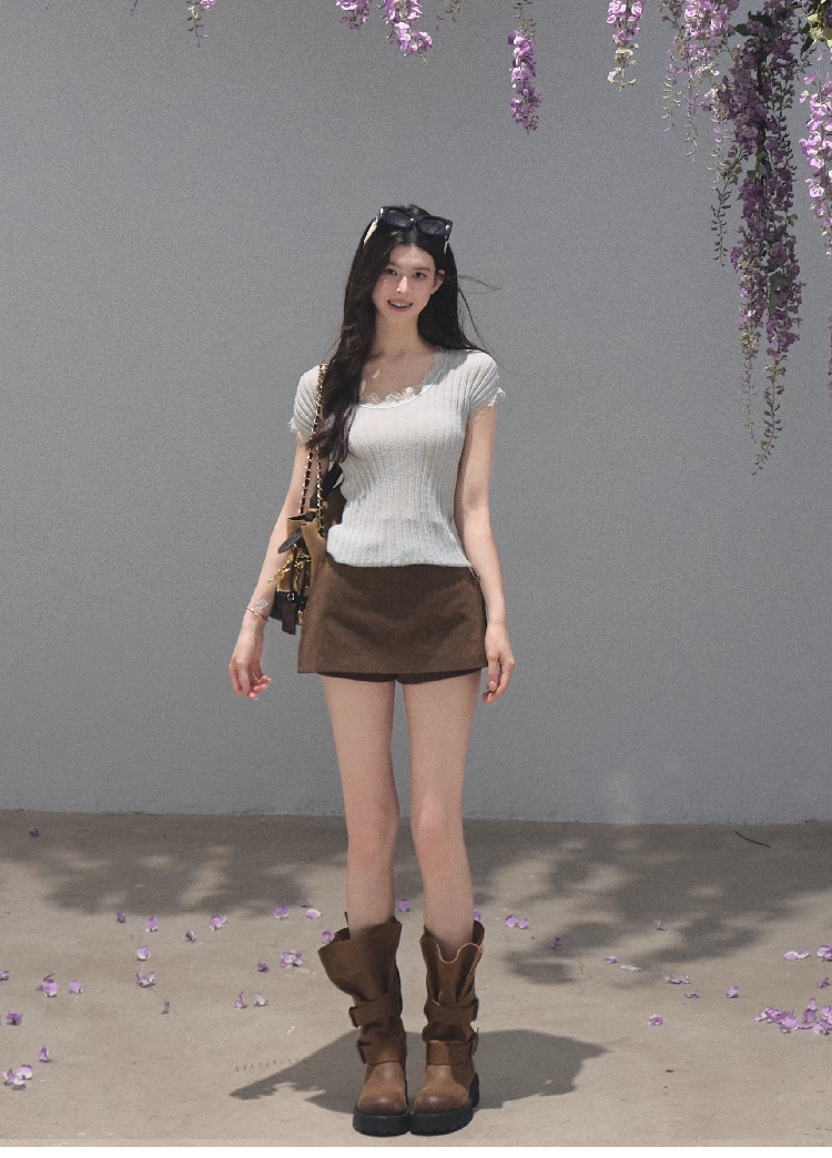 OAKMOO/ Distressed Slouchy Mid-Calf Combat Boots with Layered Straps
