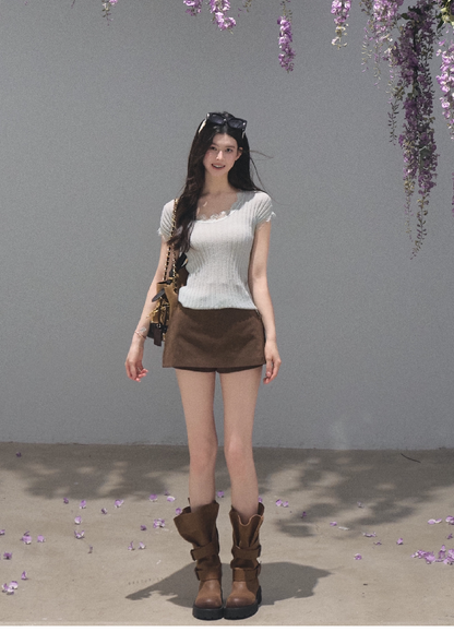 OAKMOO/ Distressed Slouchy Mid-Calf Combat Boots with Layered Straps