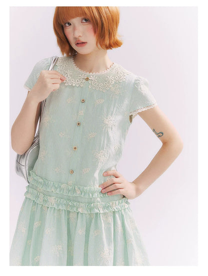 “Mint Lime” Green Stripe Lace Babydoll Dress