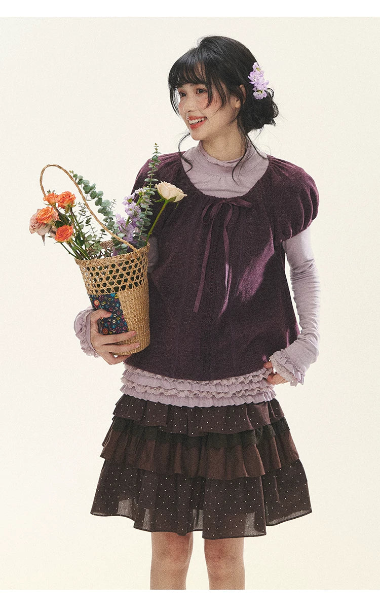 "Violet Journal" Grape Purple Bow Lace Short Sleeve Knit Top