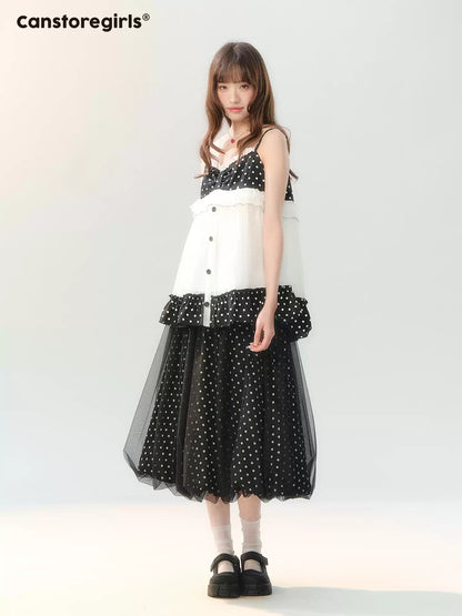 "Midnight Sweet Isle" Black Polka Dot Lace Two-Piece Skirt Set LL2026208