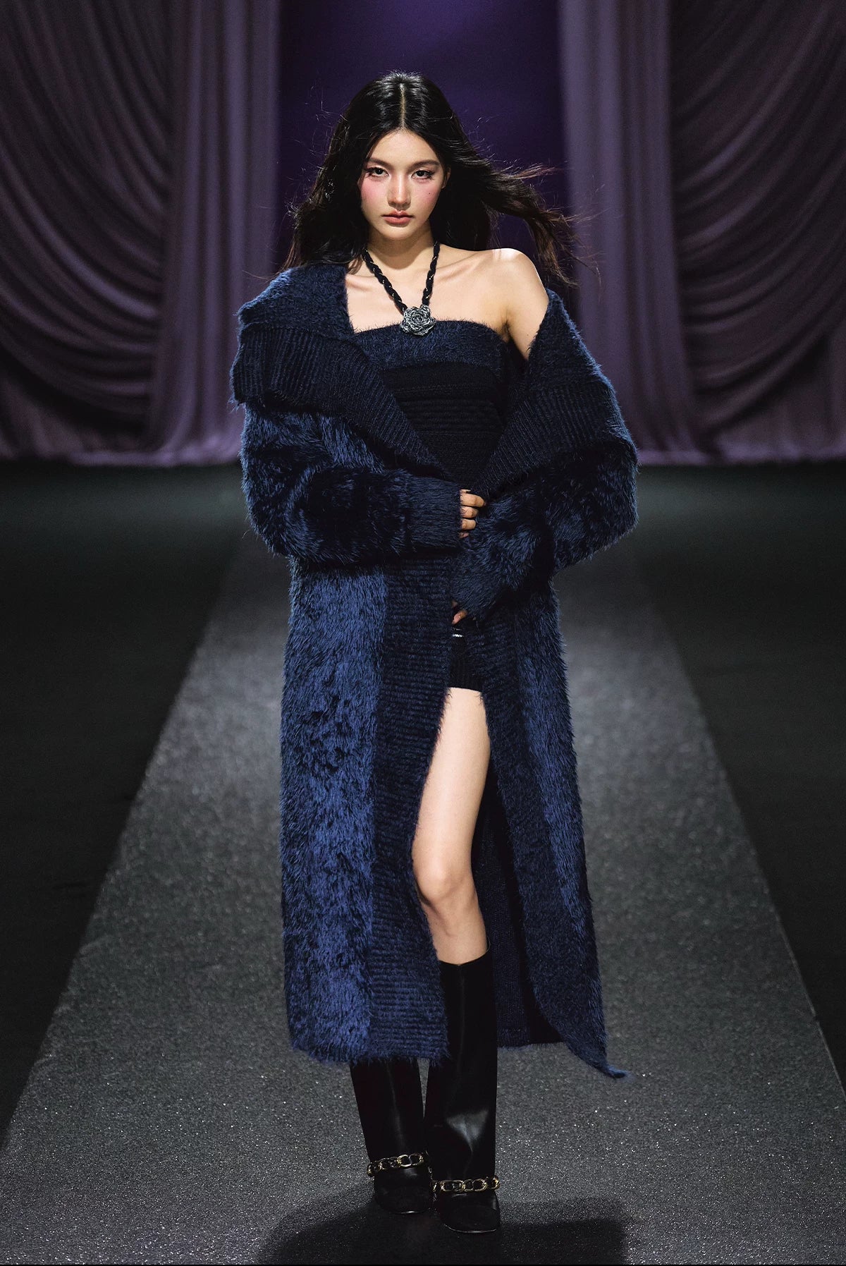 "Midnight Bloom" Navy Hand-Crochet Floral Contrast Knit Dress & Oversized Shawl Collar Knit Cardigan Set