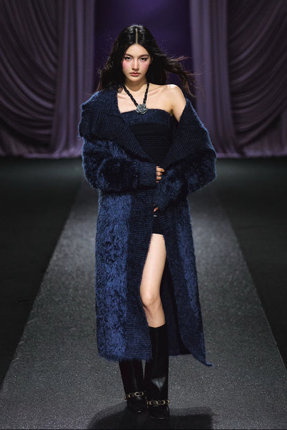 "Midnight Bloom" Navy Hand-Crochet Floral Contrast Knit Dress & Oversized Shawl Collar Knit Cardigan Set
