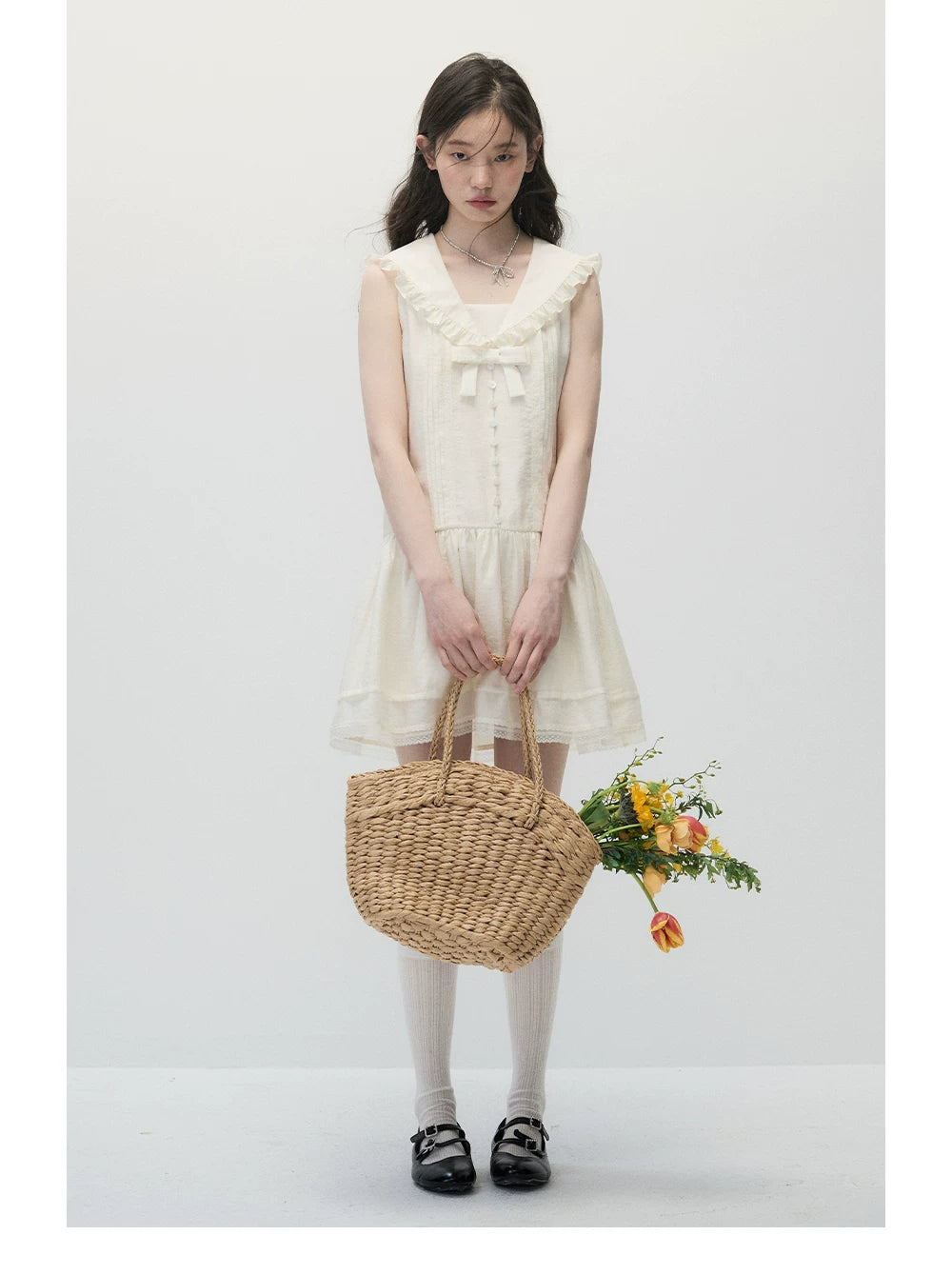 Ivory Beige Low-Rise Sailor Collar Dress with Adjustable Bow Ties