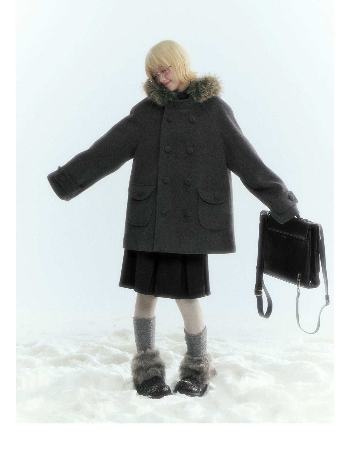 Japanese Hooded Double-Breasted Wool Coat (Deep Charcoal Gray / Taro Purple)