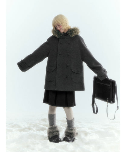 Japanese Hooded Double-Breasted Wool Coat (Deep Charcoal Gray / Taro Purple)