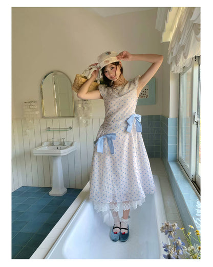 “Blue Mist Polka Reverie” Mist Blue Bow Lace Dress