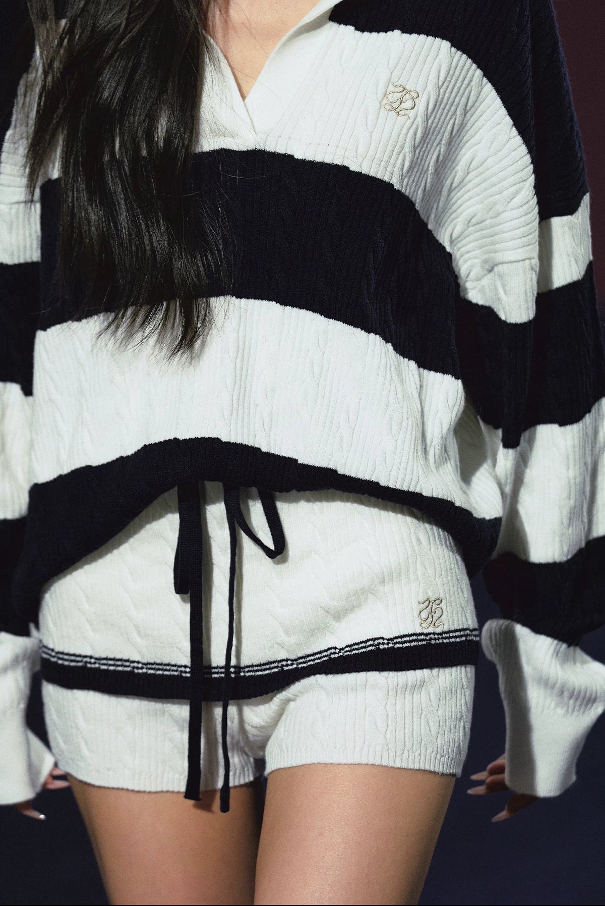 "Harbor Weekend" Navy Nautical Stripe Polo Knit Sweater & Layered Skort Set