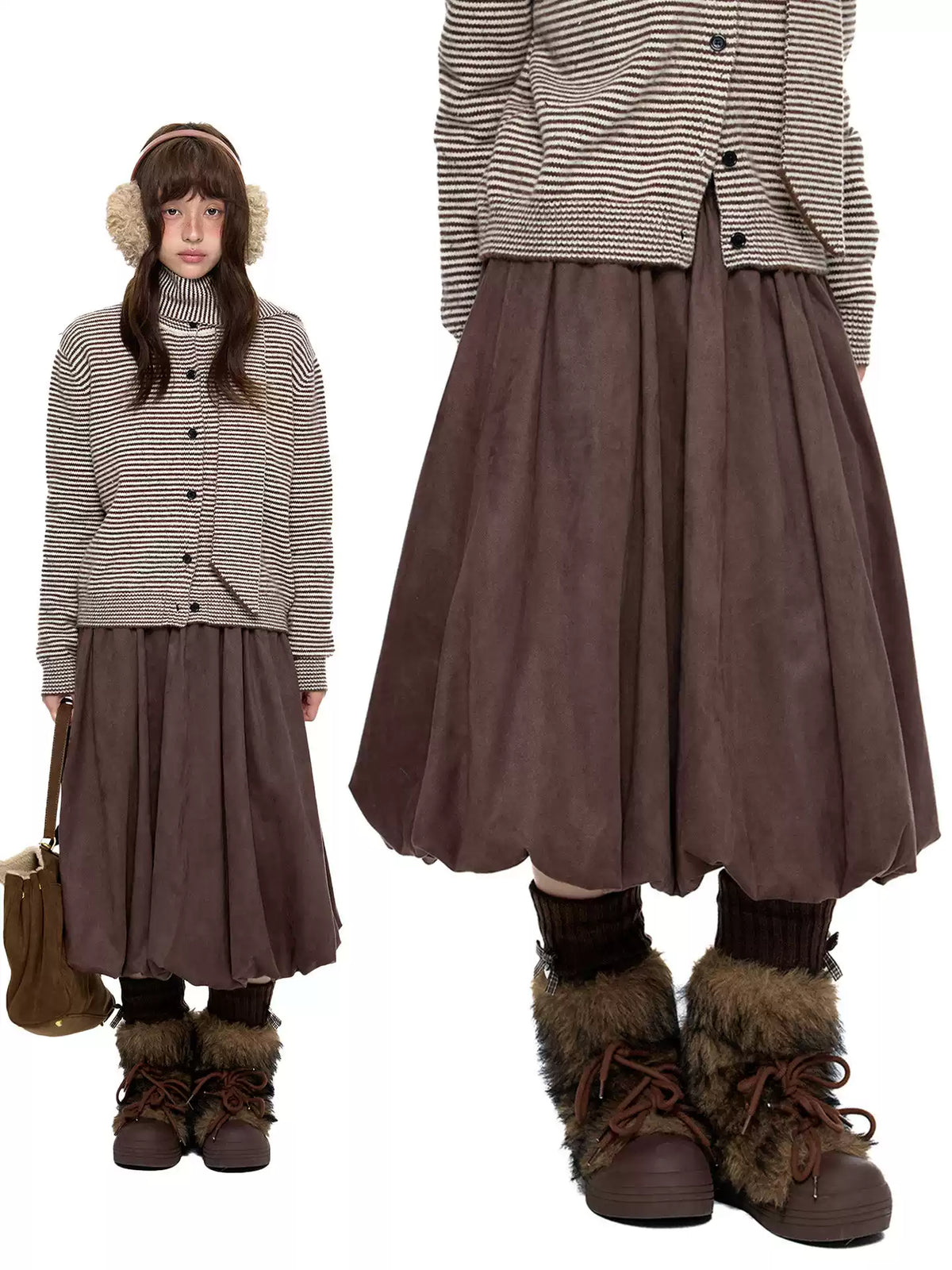 EZEK | Cloud Flower Bubble Skirt A-Line Midi (Black / White / Tan / Gray)