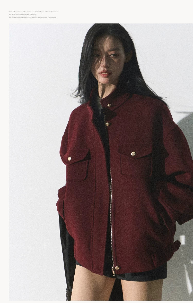OAKMOO/ "Plum Blossom Mood" Angora Red Wool-Blend Harrington Jacket