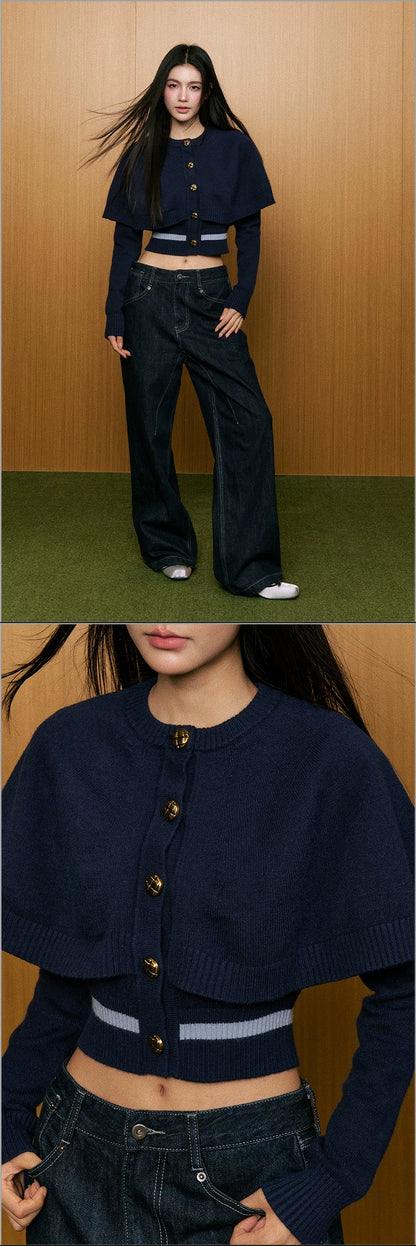 "First Bloom" Cable Knit Cape Cardigan (Ivory/ Navy)