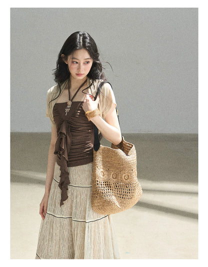 "In the Evening Breeze" Chestnut Brown Halter Ruched Top & Milk Tea Shrug Set