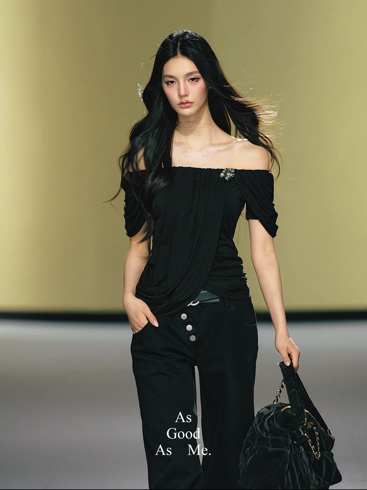 "Midnight Bloom" Black Lyocell Off-Shoulder Ruched Top