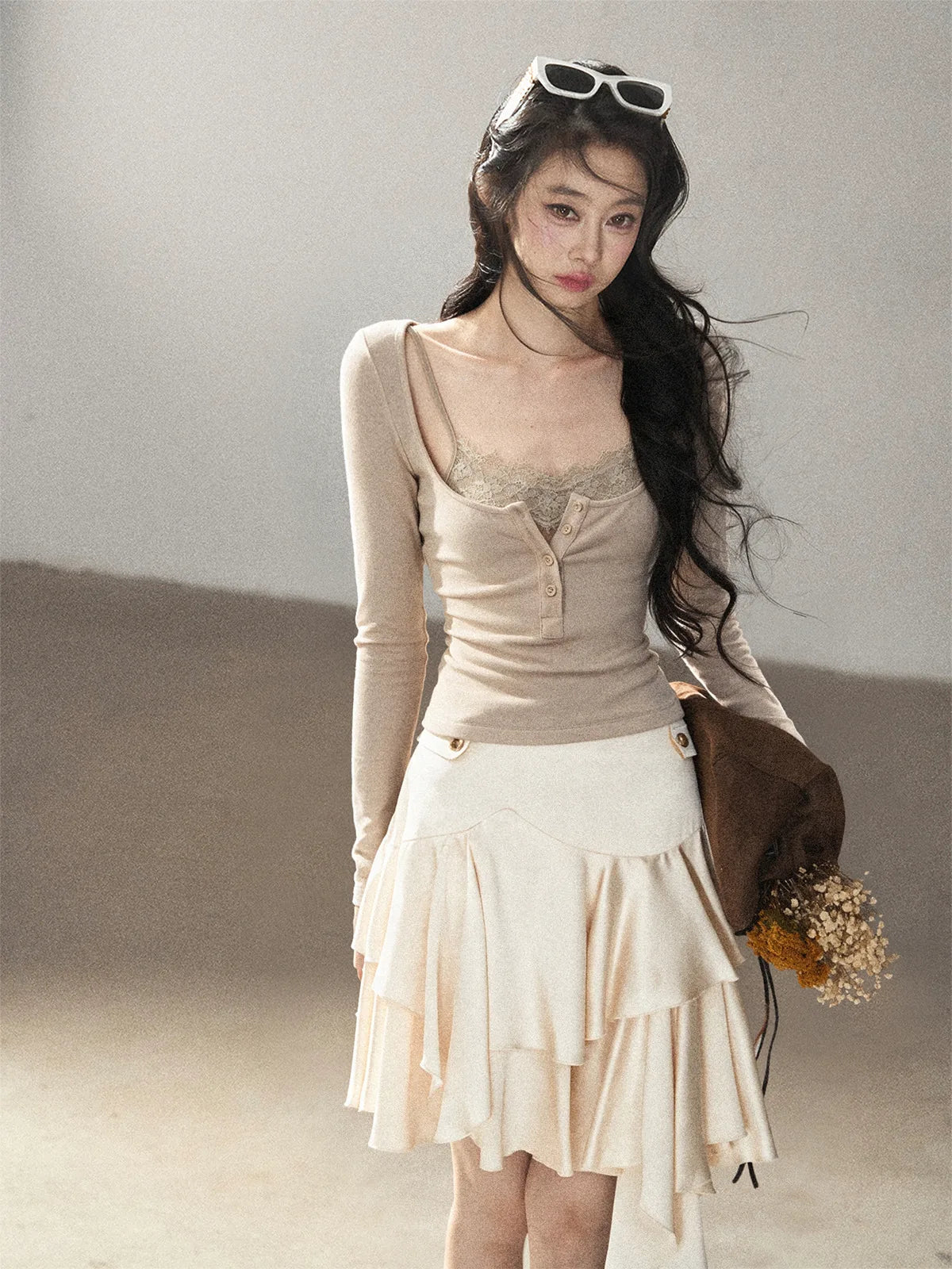 AOMALM - "Dappled Tree Shadows" Oat Beige Korean Lace Camisole Long-Sleeve Top Set