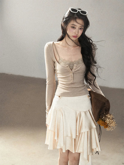 AOMALM - "Dappled Tree Shadows" Oat Beige Korean Lace Camisole Long-Sleeve Top Set