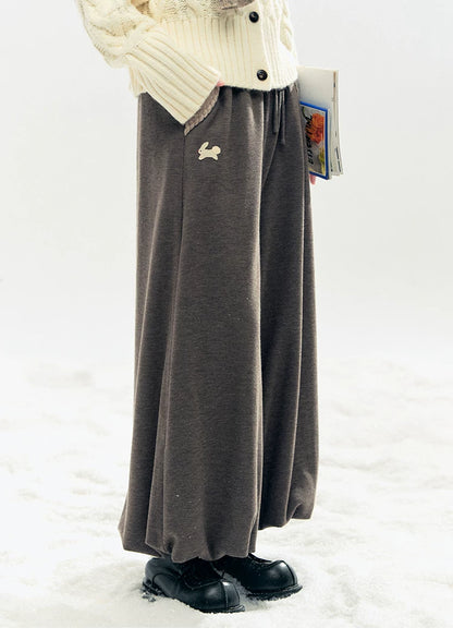 "Bunny Tea Party" Fleece-Lined Balloon Wide-Leg Pants (Hazelnut Brown/ Midnight Gray)