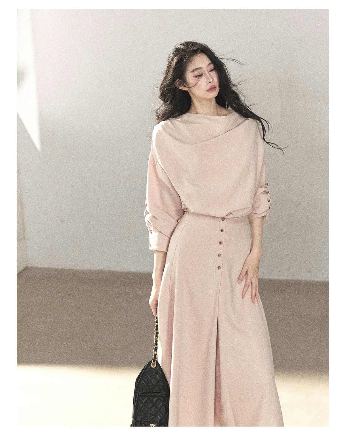 AOMALM - Cinnamon Pink Draped-Neck A-Line Maxi Dress