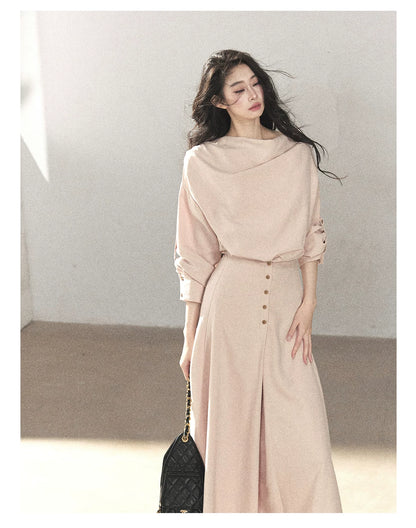 AOMALM - Cinnamon Pink Draped-Neck A-Line Maxi Dress