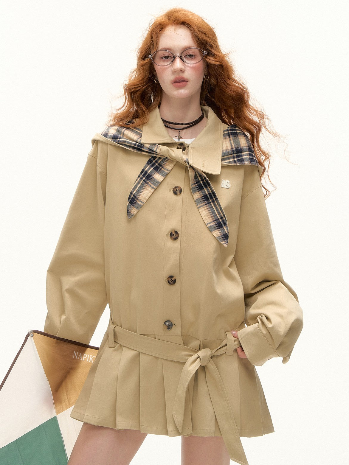ASGONY - Preppy Bunny Collar Jacket with Removable Plaid Ears (Khaki Brown)