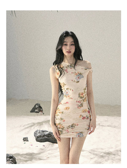 "Waiting for Blossoms" Dutch Cream Floral Ruched Mini Dress 43236