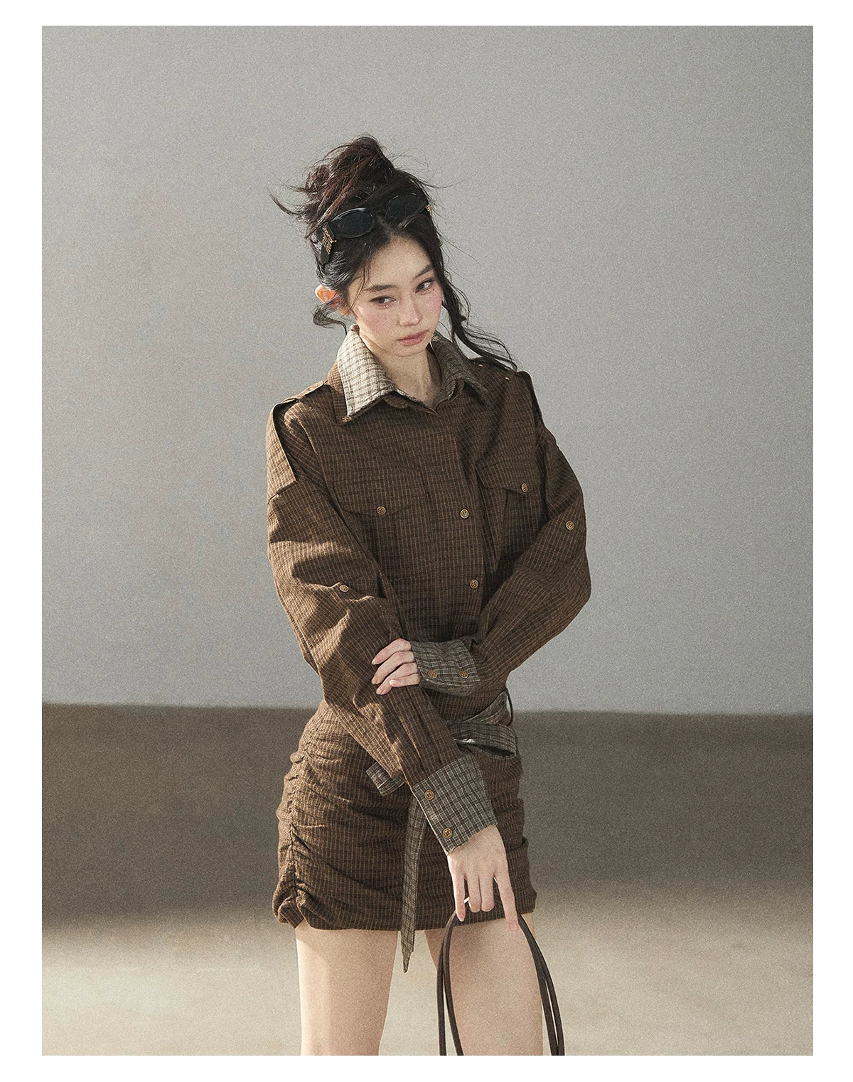 AOMALM - "A Promise Beneath the Oak" Crabapple Brown Plaid Shirt Dress with Belt