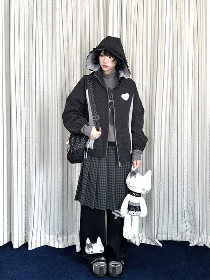 "Cold Air" Black Padded Jacket / Base Layer Top / Polka Dots Skirt / Sweatpants Set