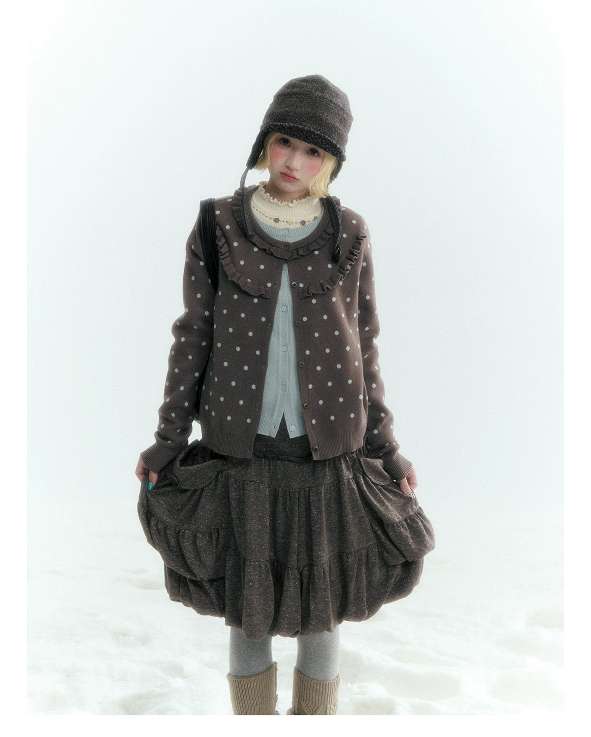 Horridale - Gray Brown Green Polka Dot Low-Rise Knit Bubble Skort