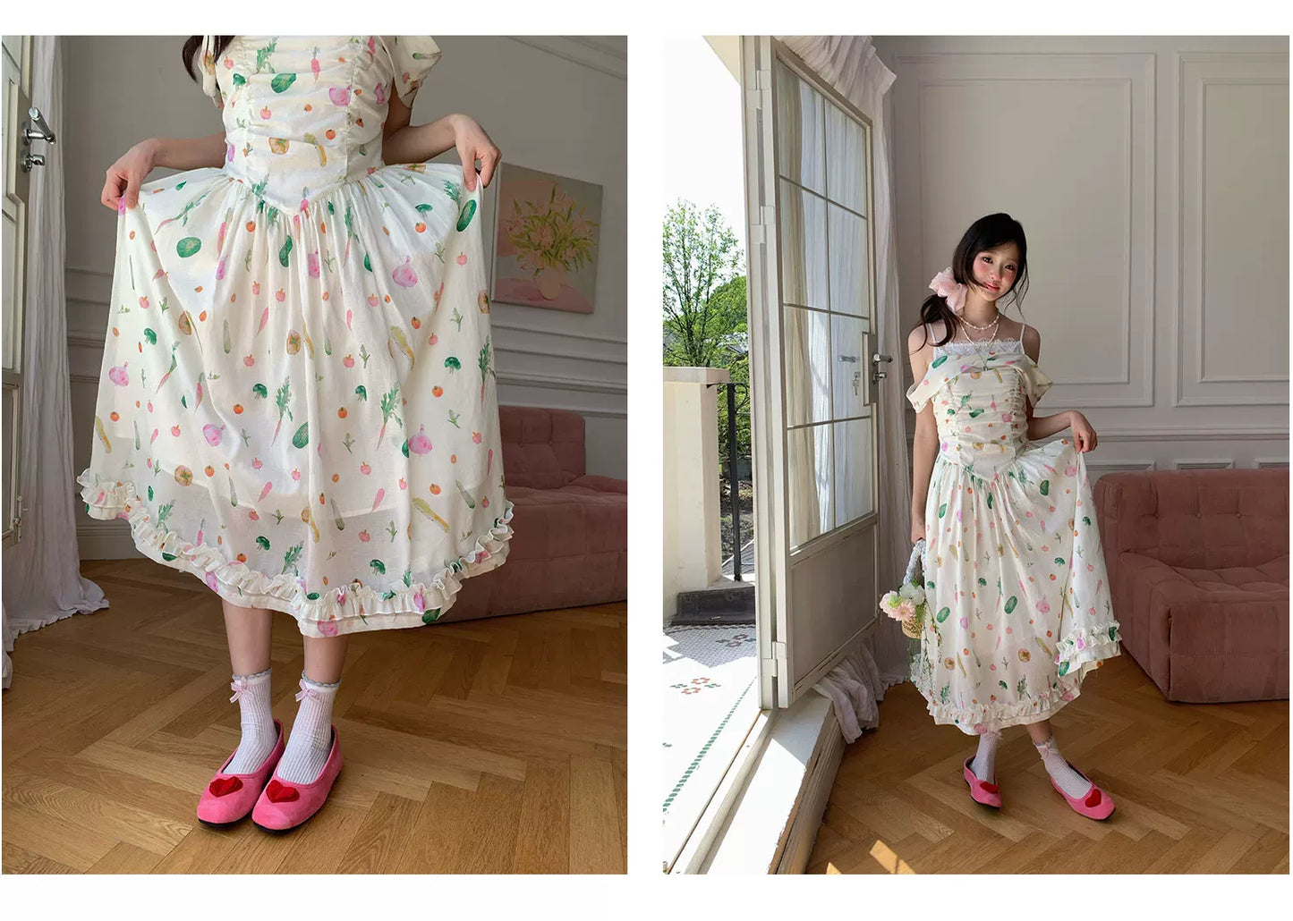 “Verdant Orchard Reverie” Beige Fruit Print Off-Shoulder Dress