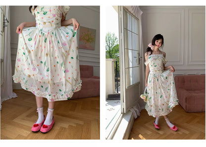“Verdant Orchard Reverie” Beige Fruit Print Off-Shoulder Dress