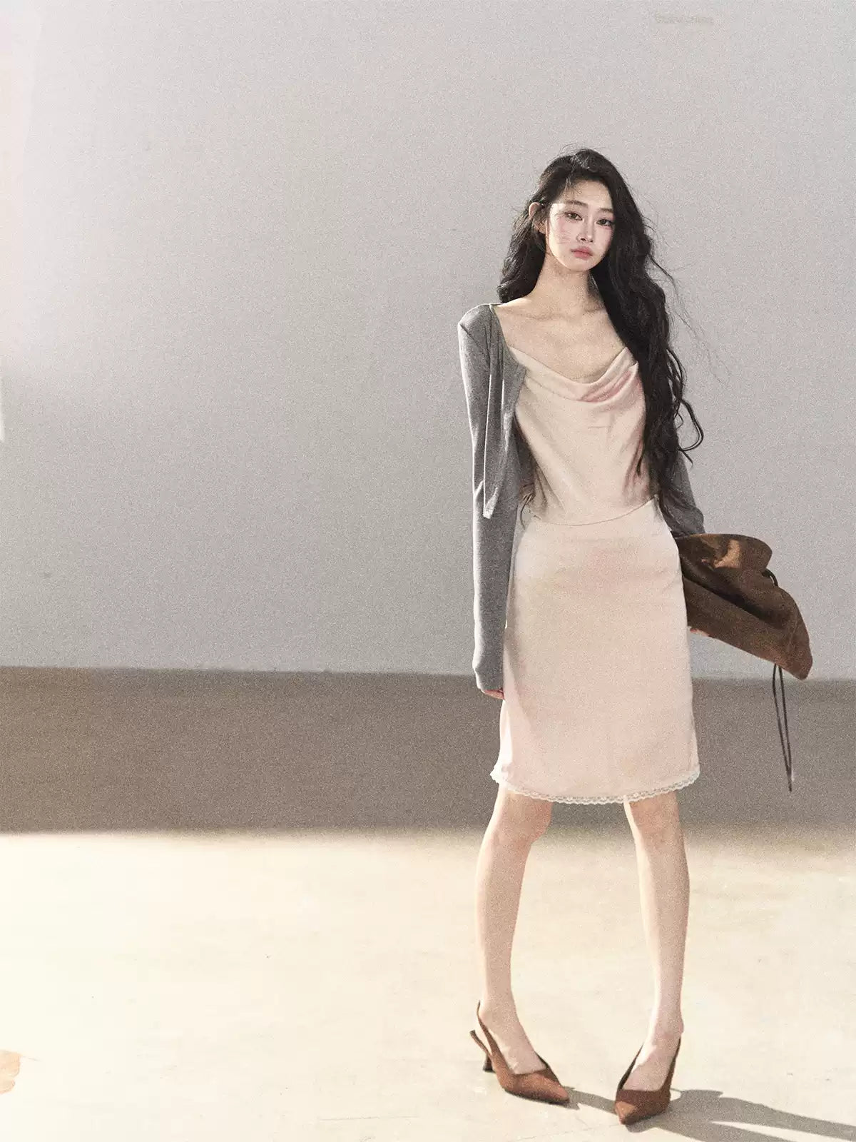 AOMALM - Glacier Pink Satin Cami & Skirt Set with Paris Gray Knit Cardigan