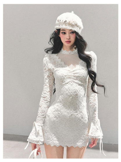 少也眼 “The Moment of the Full Moon" French Lace Winter Dress - White 845613