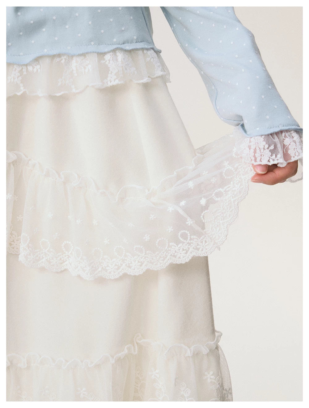 [CAN] "Soft Whisper" Ivory Embroidered Lace Layered Midi Skirt