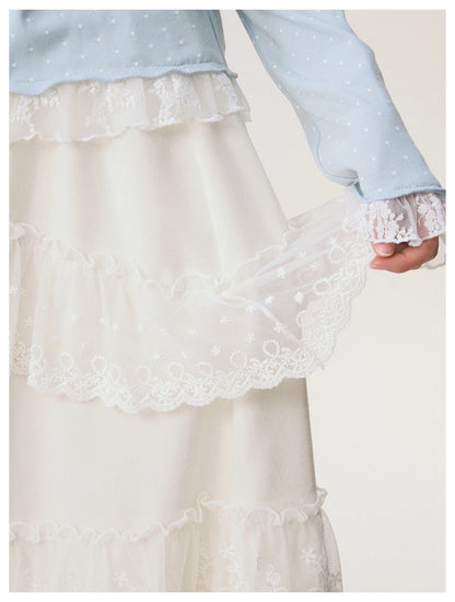 [CAN] "Soft Whisper" Ivory Embroidered Lace Layered Midi Skirt