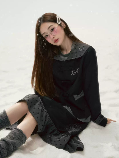 BIBIBENCY - Black Preppy Double-Breasted Cropped Jacket & Skirt