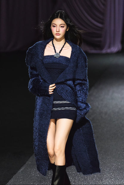 "Midnight Bloom" Navy Hand-Crochet Floral Contrast Knit Dress & Oversized Shawl Collar Knit Cardigan Set