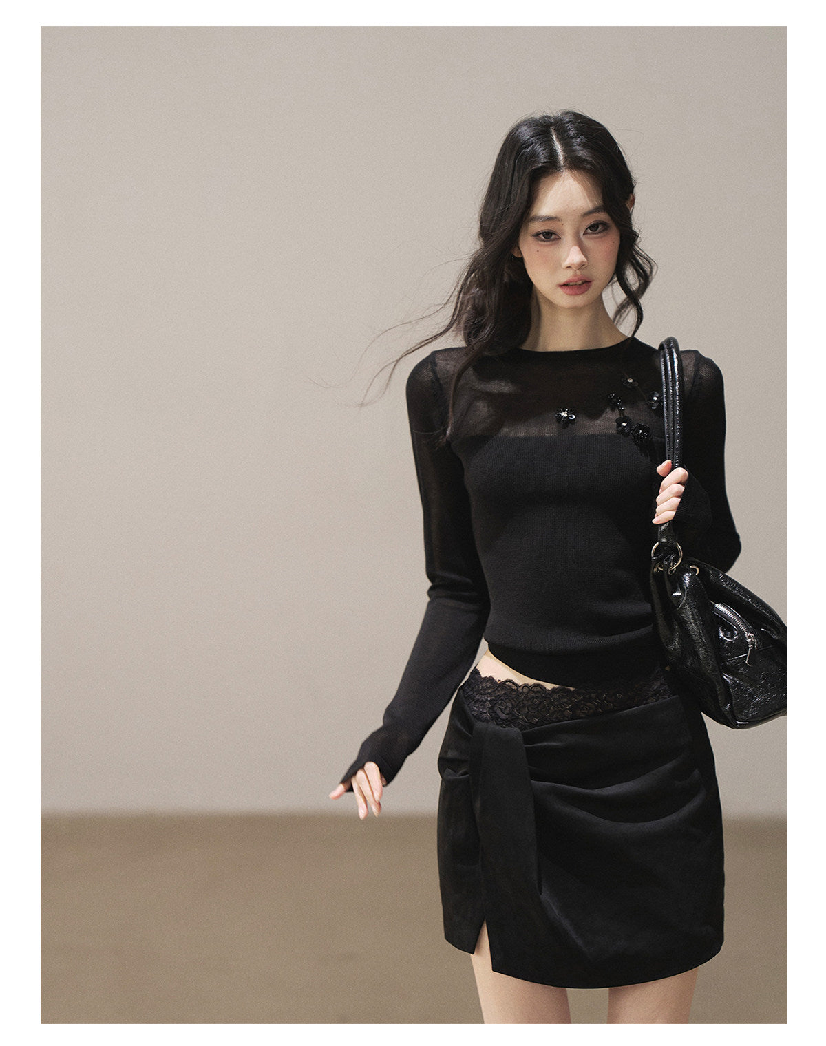 170726 "Hidden Between Light and Shadow" Tranquil Black Sheer Layered Knit Top