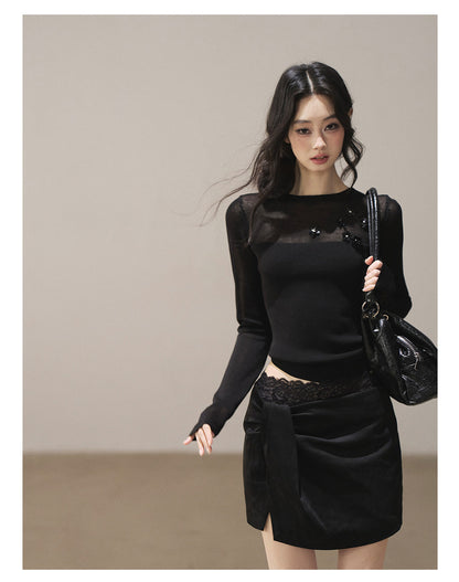 170726 "Hidden Between Light and Shadow" Tranquil Black Sheer Layered Knit Top