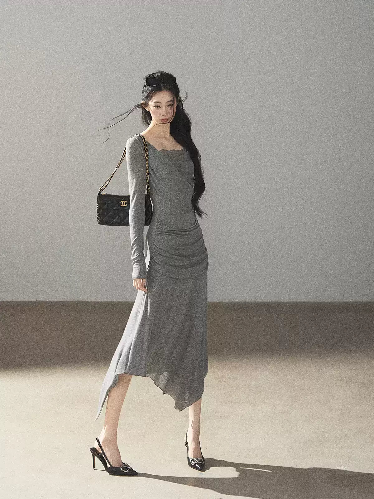 AOMALM - "Still River Cove" Cloud Mist Gray French-Inspired Lace Maxi Dress