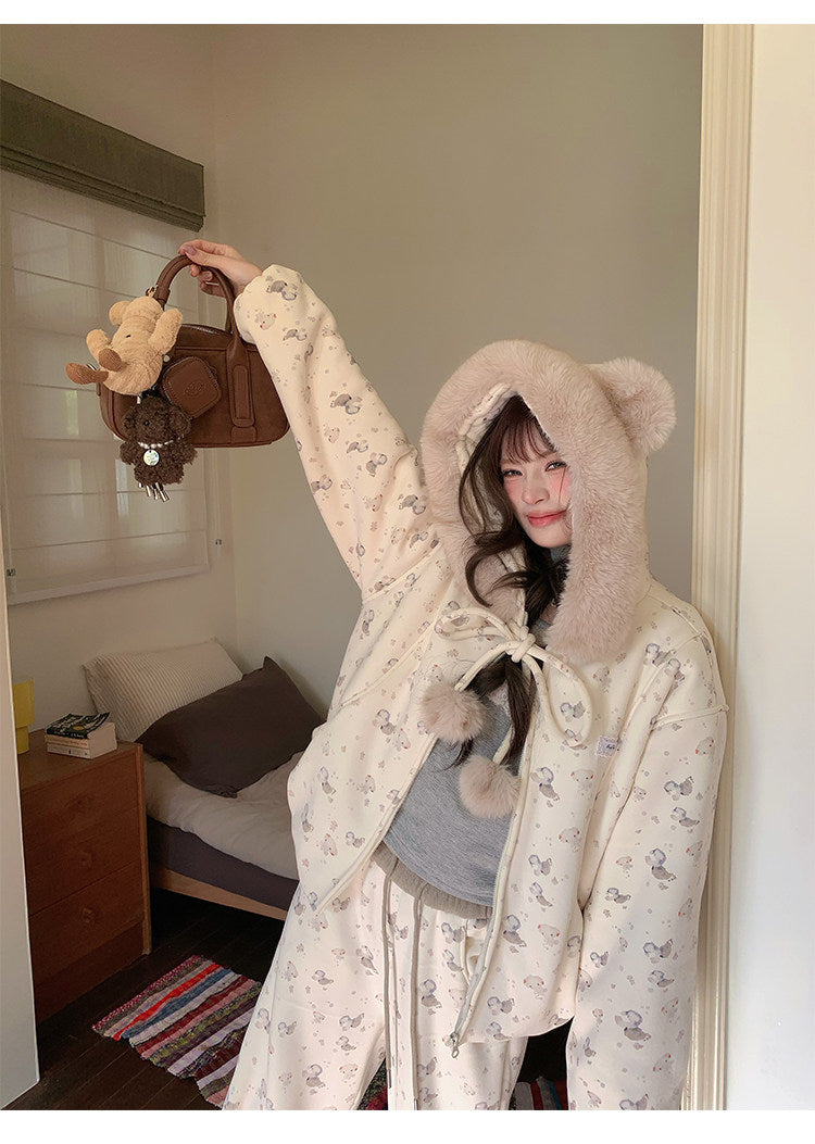 阮阮自制 - Honey Bear Ivory Plush Padded Jacket & Fleece Pants Set