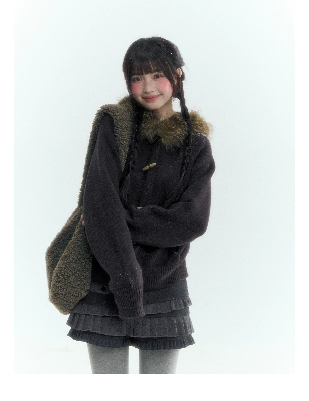 Horridale - Dark Coffee Brown Hooded Knit Cardigan with Detachable Faux Fur Collar