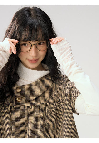 [CAN] “Autumn Plaid Letter” Brown Houndstooth Asymmetric Collar Top